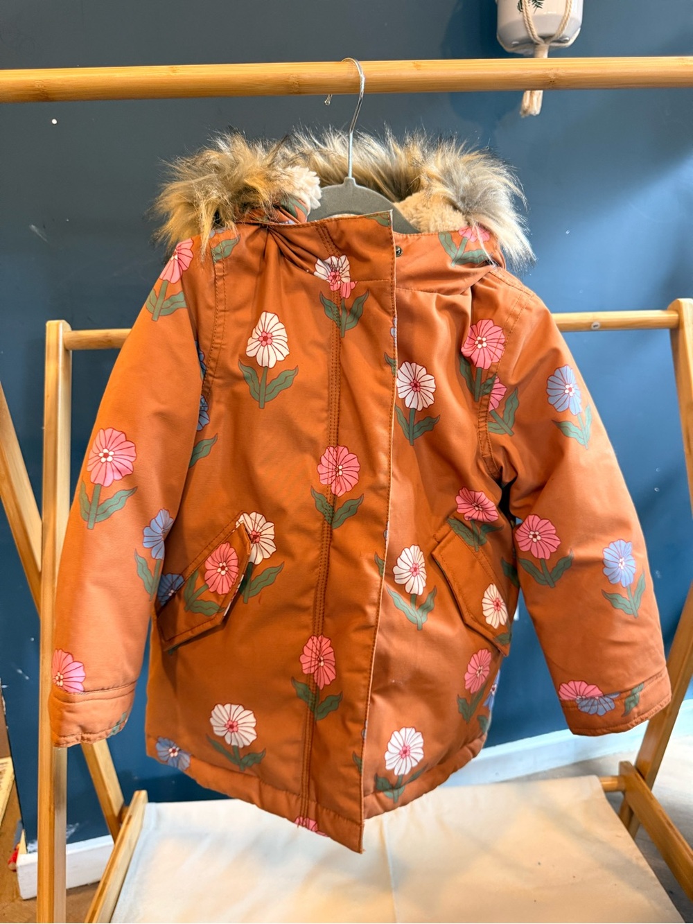 Mini Boden Girls' Floral Hooded Parka Jacket - Rust 2-3y